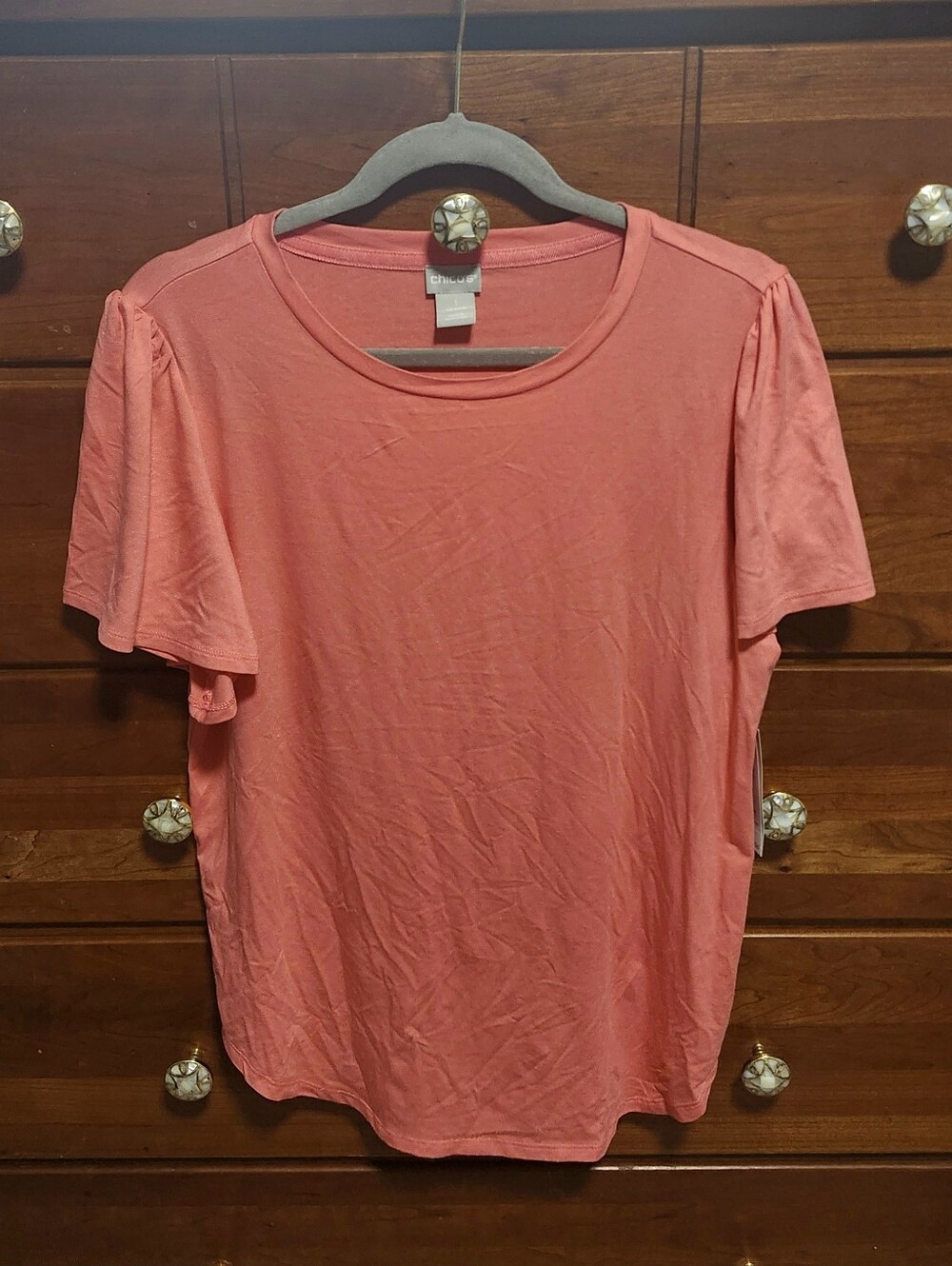 NWT Chico's Charming Solid Coral Pink Flutter Short Sleeve Knit Top Size 1
